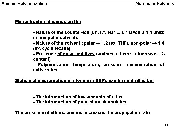 Anionic Polymerization Non-polar Solvents Microstructure depends on the - Nature of the counter-ion (Li+,