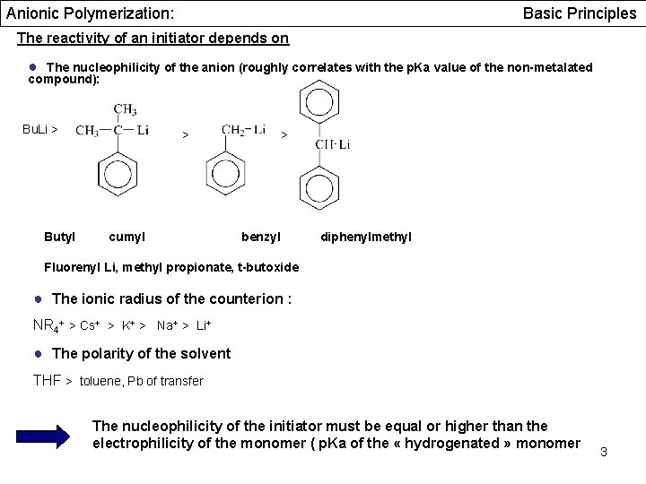 Anionic Polymerization: Basic Principles The reactivity of an initiator depends on ● The nucleophilicity