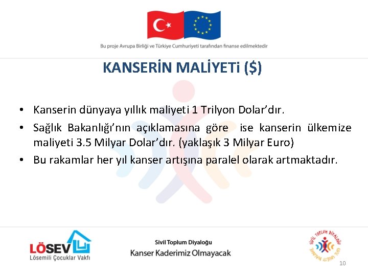 KANSERİN MALİYETi ($) • Kanserin dünyaya yıllık maliyeti 1 Trilyon Dolar’dır. • Sağlık Bakanlığı’nın