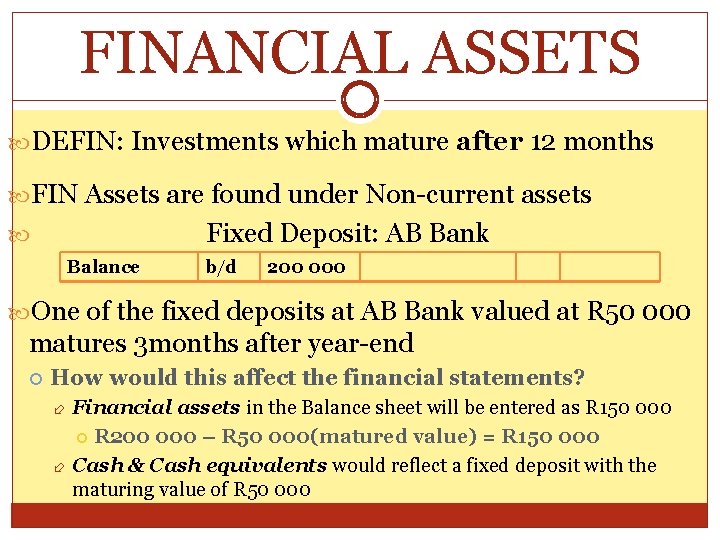 FINANCIAL ASSETS DEFIN: Investments which mature after 12 months FIN Assets are found under