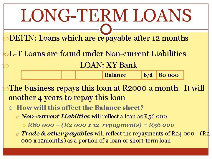 LONG-TERM LOANS DEFIN: Loans which are repayable after 12 months L-T Loans are found