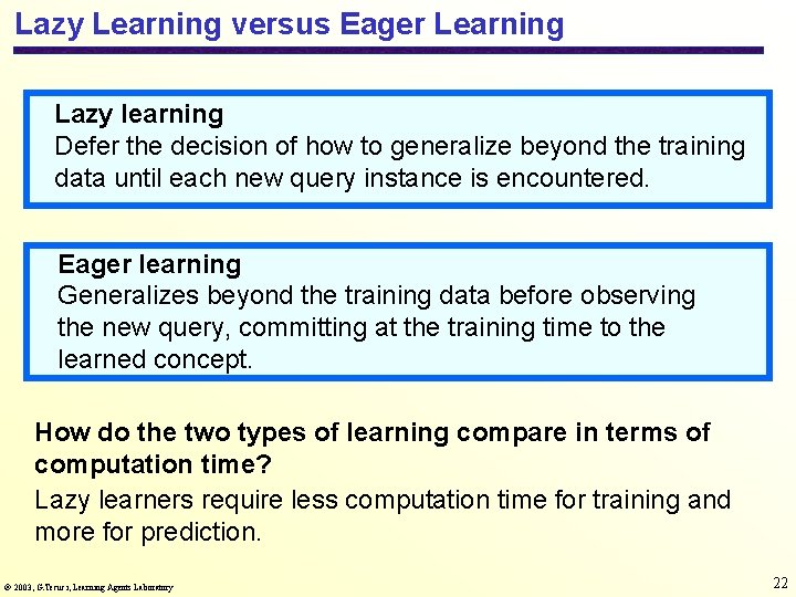 Lazy Learning versus Eager Learning Lazy learning Defer the decision of how to generalize