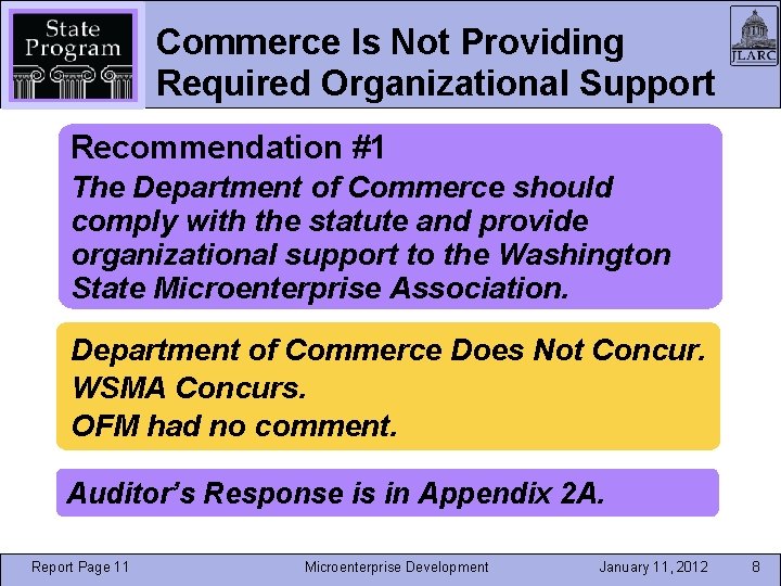 Commerce Is Not Providing Required Organizational Support Recommendation #1 The Department of Commerce should