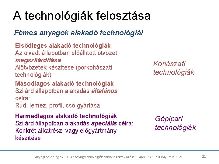 A technológiák felosztása Fémes anyagok alakadó technológiái Elsődleges alakadó technológiák Az olvadt állapotban előállított A technológiák felosztása Fémes anyagok alakadó technológiái Elsődleges alakadó technológiák Az olvadt állapotban előállított