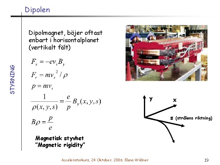 Dipolen STYRNING Dipolmagnet, böjer oftast enbart i horisontalplanet (vertikalt fält) y x s (strålens