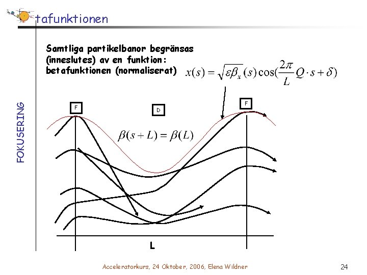 Betafunktionen FOKUSERING Samtliga partikelbanor begränsas (inneslutes) av en funktion: betafunktionen (normaliserat) F D F