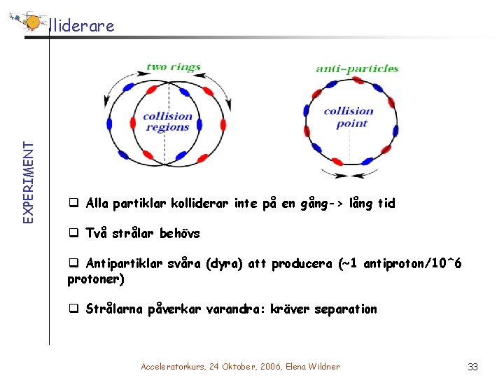 EXPERIMENT Kolliderare q Alla partiklar kolliderar inte på en gång-> lång tid q Två