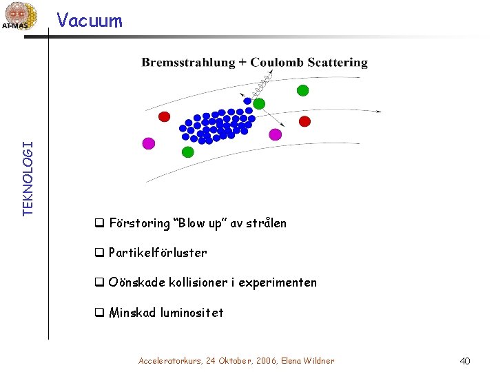 TEKNOLOGI Vacuum q Förstoring “Blow up” av strålen q Partikelförluster q Oönskade kollisioner i