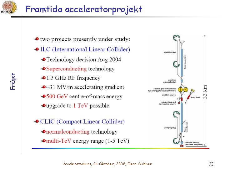 Frågor Framtida acceleratorprojekt Acceleratorkurs, 24 Oktober, 2006, Elena Wildner 63 