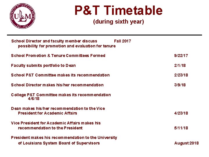 P&T Timetable (during sixth year) School Director and faculty member discuss Fall 2017 possibility