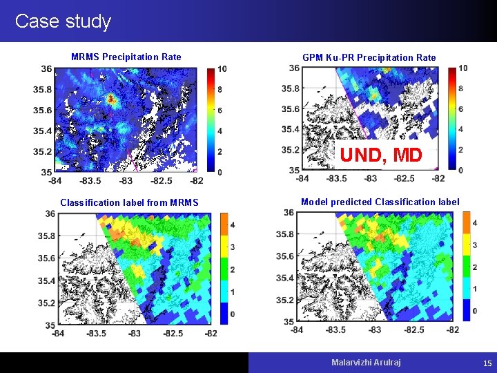 Case study MRMS Precipitation Rate GPM Ku-PR Precipitation Rate UND, MD Model predicted Classification
