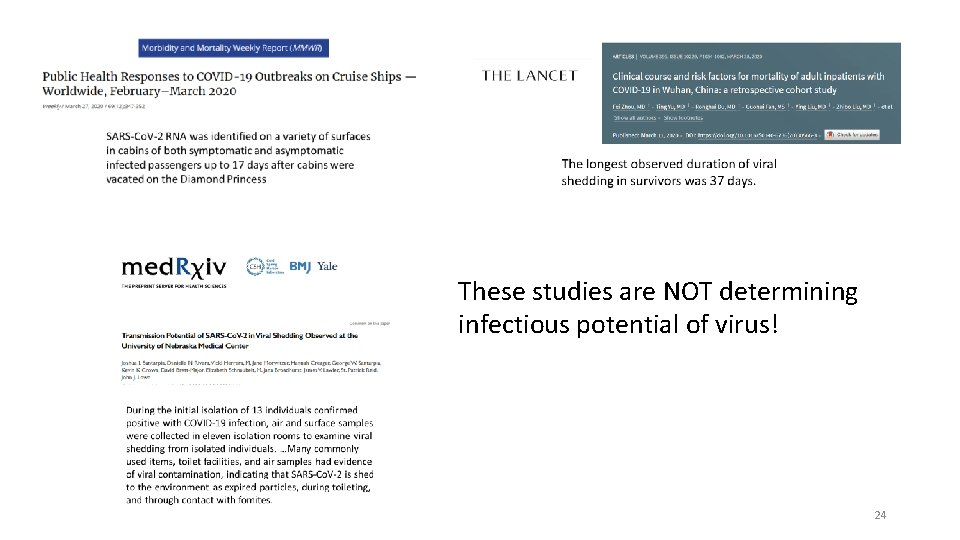 These studies are NOT determining infectious potential of virus! 24 