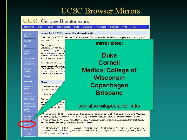 UCSC Browser Mirrors mirror sites: Duke Cornell Medical College of Wisconsin Copenhagen Brisbane see