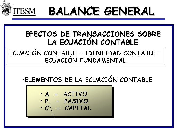 BALANCE GENERAL EFECTOS DE TRANSACCIONES SOBRE LA ECUACIÓN CONTABLE = IDENTIDAD CONTABLE = ECUACIÓN