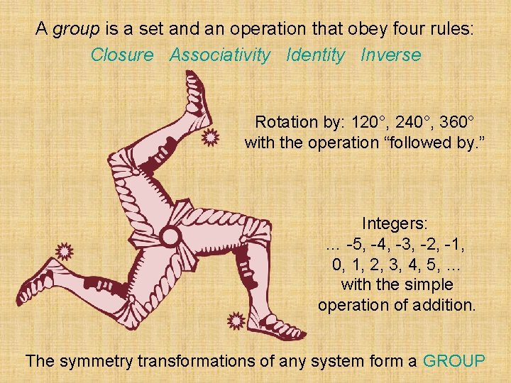 A group is a set and an operation that obey four rules: Closure Associativity