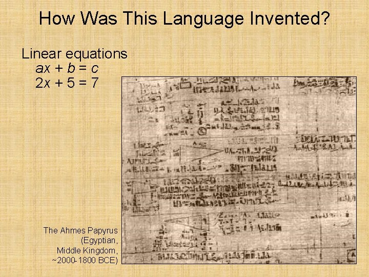 How Was This Language Invented? Linear equations ax + b = c 2 x