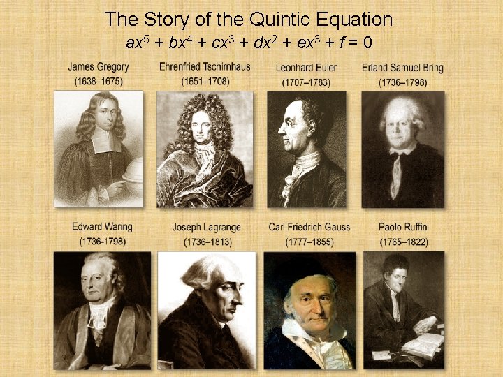 The Story of the Quintic Equation ax 5 + bx 4 + cx 3