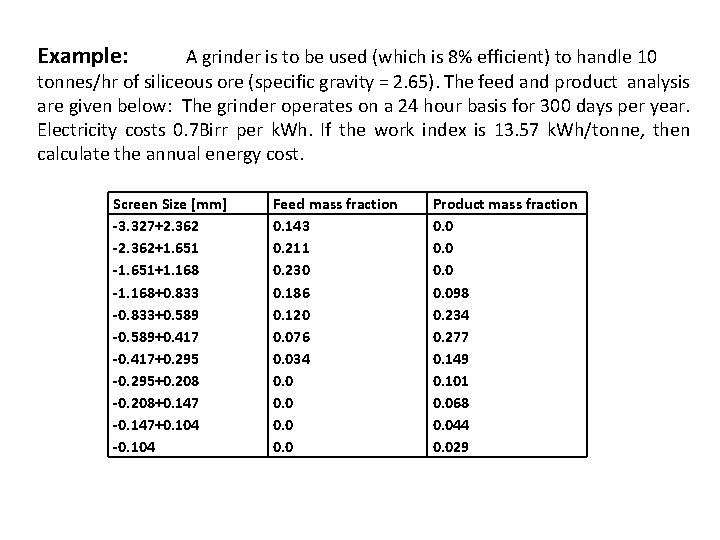 Example: A grinder is to be used (which is 8% efficient) to handle 10