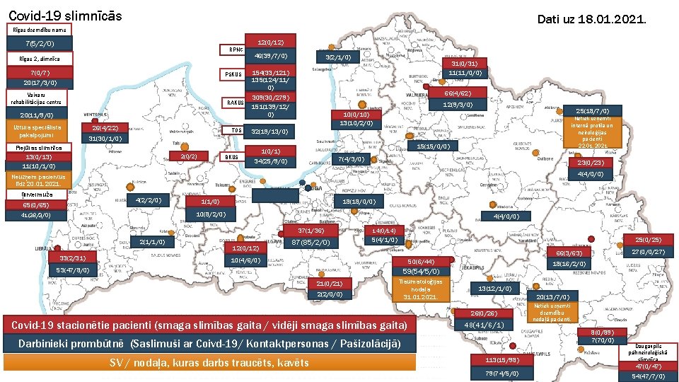 Covid-19 slimnīcās Dati uz 18. 01. 2021. Rīgas dzemdību nams 12(0/12) 7(5/2/0) RPNC Rīgas