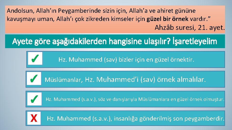 Andolsun, Allah’ın Peygamberinde sizin için, Allah’a ve ahiret gününe kavuşmayı uman, Allah’ı çok zikreden