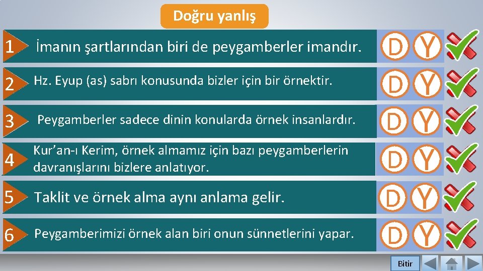 Doğru yanlış 1 İmanın şartlarından biri de peygamberler imandır. 2 Hz. Eyup (as) sabrı Doğru yanlış 1 İmanın şartlarından biri de peygamberler imandır. 2 Hz. Eyup (as) sabrı