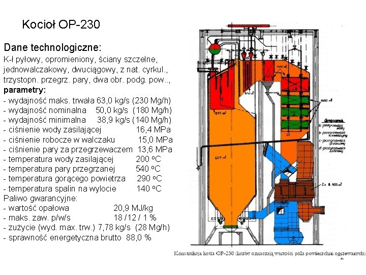 Kocioł OP-230 Dane technologiczne: K-ł pyłowy, opromieniony, ściany szczelne, jednowalczakowy, dwuciągowy, z nat. cyrkul.