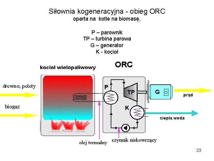 Siłownia kogeneracyjna - obieg ORC oparta na kotle na biomasę, P – parownik TP