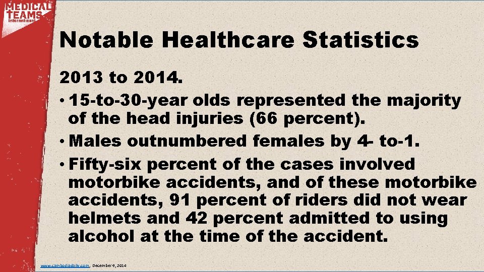 Notable Healthcare Statistics 2013 to 2014. • 15 -to-30 -year olds represented the majority