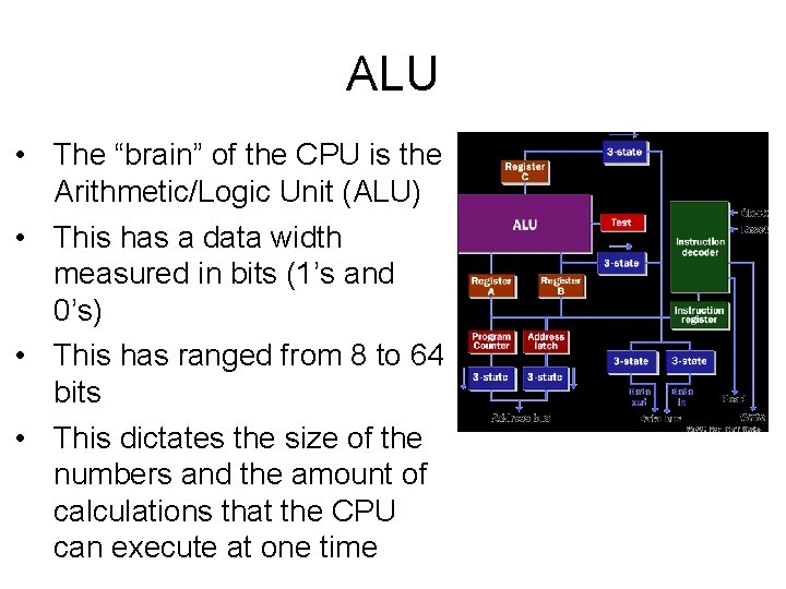 ALU • The “brain” of the CPU is the Arithmetic/Logic Unit (ALU) • This