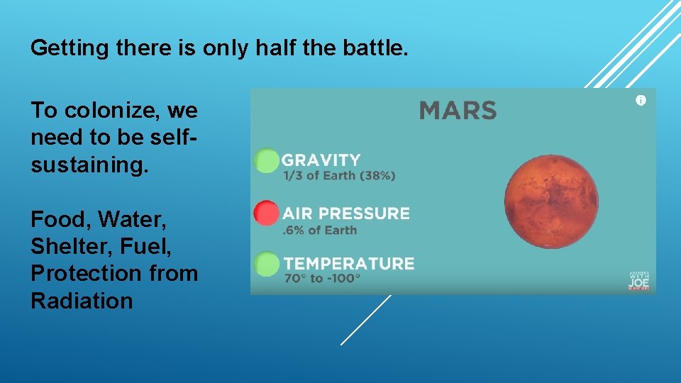 Getting there is only half the battle. To colonize, we need to be selfsustaining.