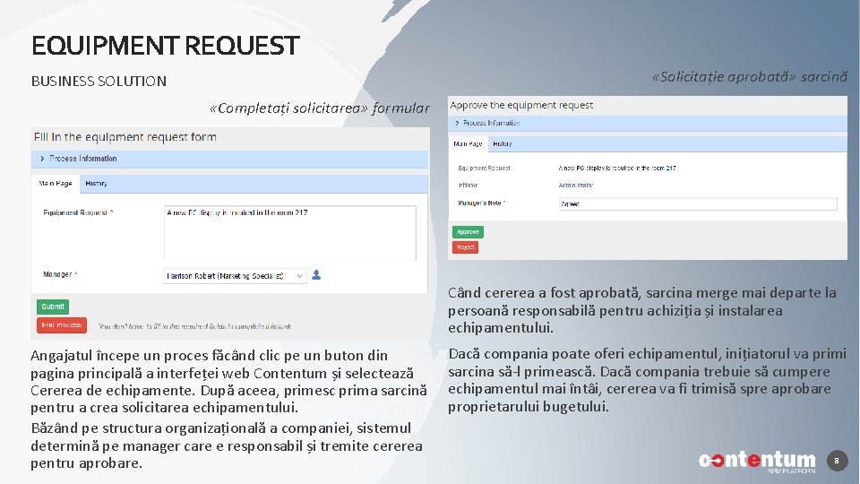 EQUIPMENT REQUEST «Solicitație aprobată» sarcină BUSINESS SOLUTION «Completați solicitarea» formular Când cererea a fost