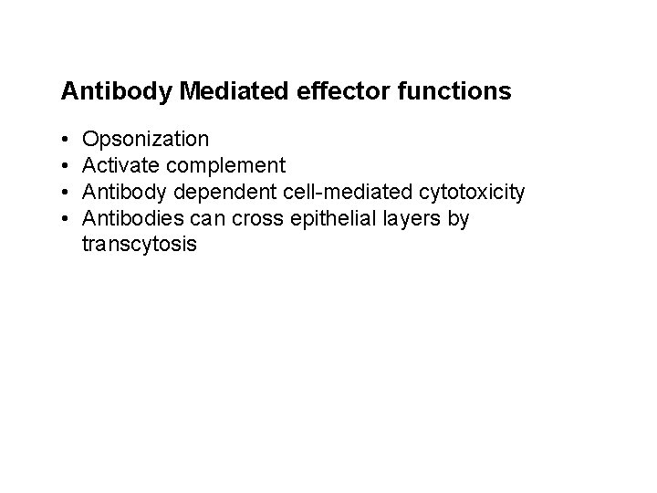 Antibody Mediated effector functions • • Opsonization Activate complement Antibody dependent cell-mediated cytotoxicity Antibodies