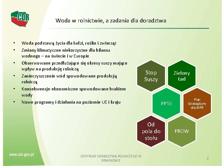 Woda w rolnictwie, a zadania dla doradztwa • • • Woda podstawą życia dla