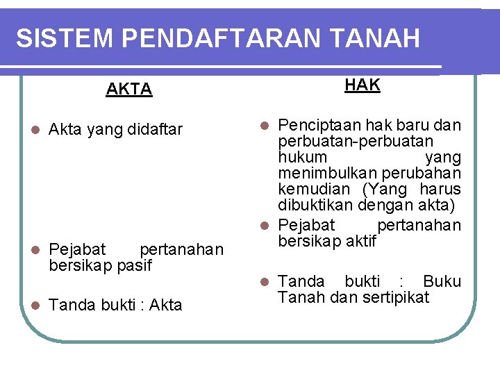 SISTEM PENDAFTARAN TANAH HAK AKTA l Akta yang didaftar l Pejabat pertanahan bersikap pasif