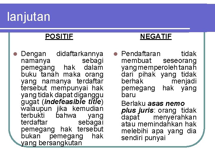 lanjutan POSITIF l Dengan didaftarkannya namanya sebagi pemegang hak dalam buku tanah maka orang