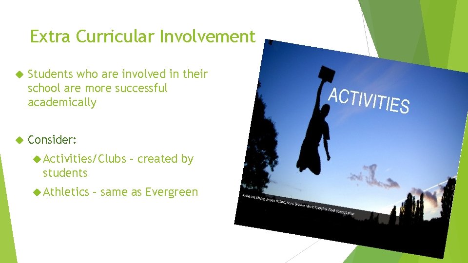 Extra Curricular Involvement Students who are involved in their school are more successful academically
