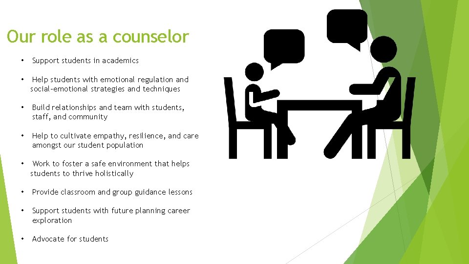 Our role as a counselor • Support students in academics • Help students with