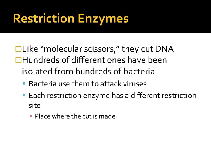 Restriction Enzymes �Like “molecular scissors, ” they cut DNA �Hundreds of different ones have