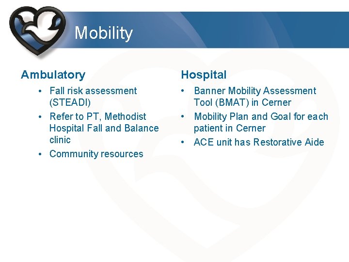 Mobility Ambulatory • Fall risk assessment (STEADI) • Refer to PT, Methodist Hospital Fall