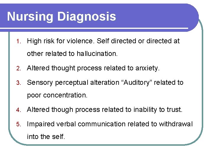 Nursing Diagnosis 1. High risk for violence. Self directed or directed at other related
