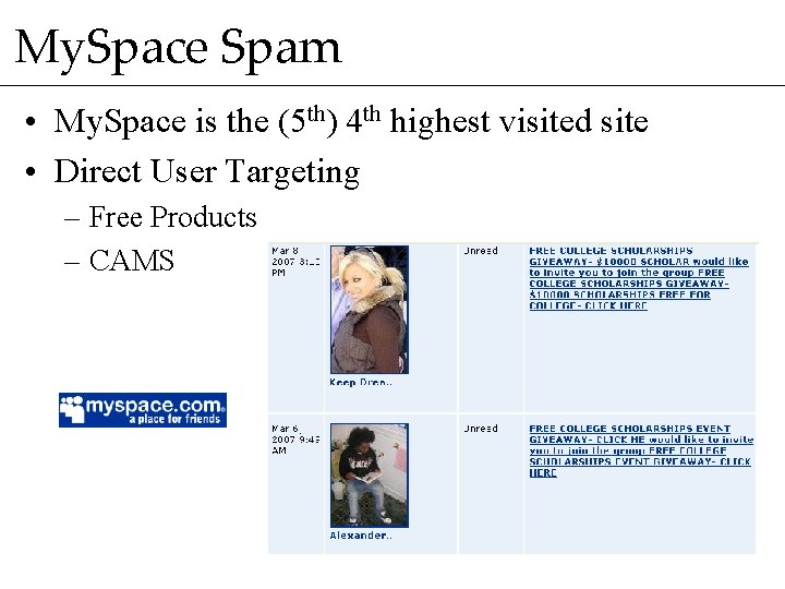 My. Space Spam • My. Space is the (5 th) 4 th highest visited