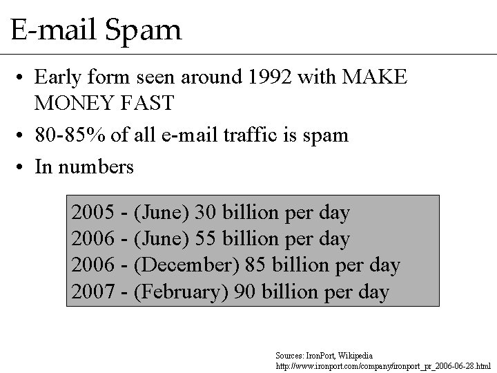 E-mail Spam • Early form seen around 1992 with MAKE MONEY FAST • 80