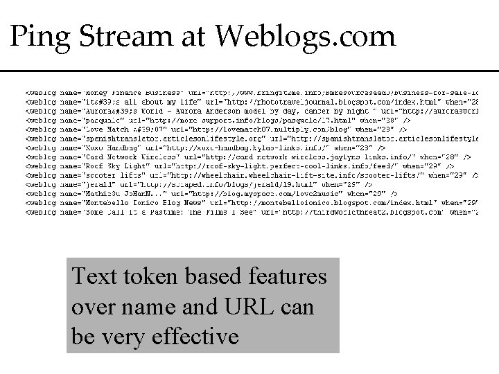 Ping Stream at Weblogs. com Text token based features over name and URL can
