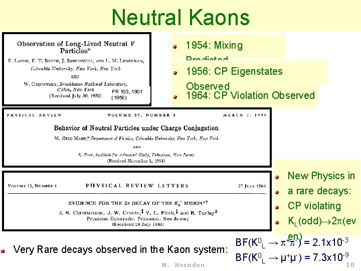 Neutral Kaons 1954: Mixing Predicted 1956: CP Eigenstates PR 103, 1901 (1956) Observed 1964: