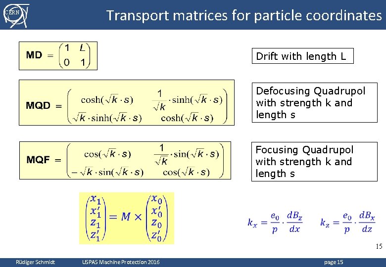 CERN Transport matrices for particle coordinates Drift with length L Defocusing Quadrupol with strength