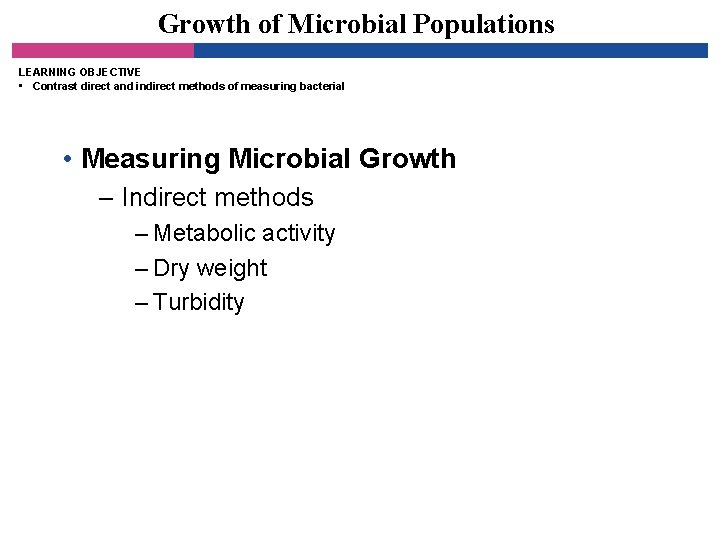 Growth of Microbial Populations LEARNING OBJECTIVE • Contrast direct and indirect methods of measuring