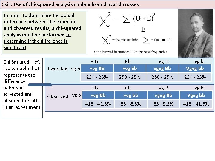 Skill: Use of chi-squared analysis on data from dihybrid crosses. In order to determine