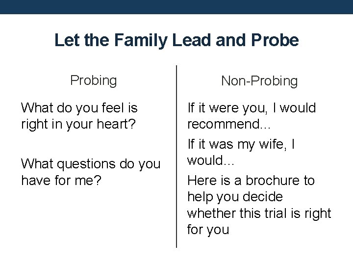 Let the Family Lead and Probe Probing What do you feel is right in