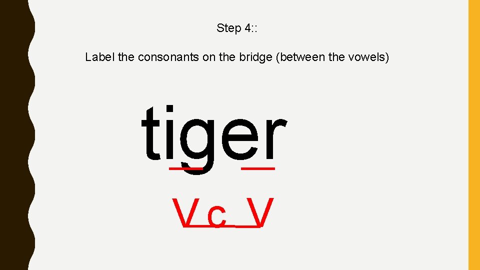 Step 4: : Label the consonants on the bridge (between the vowels) tiger Vc