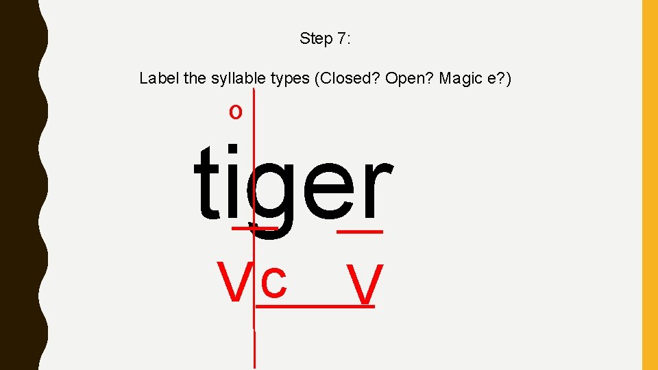 Step 7: Label the syllable types (Closed? Open? Magic e? ) o tiger Vc